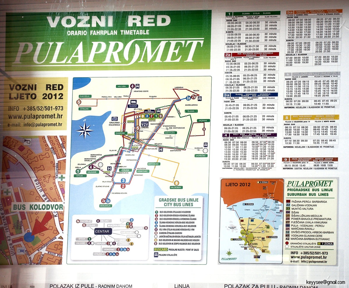 Пула. Расписание движения (Vozni Red) и схема маршрутов (Gradske Bus Linije) Пулы