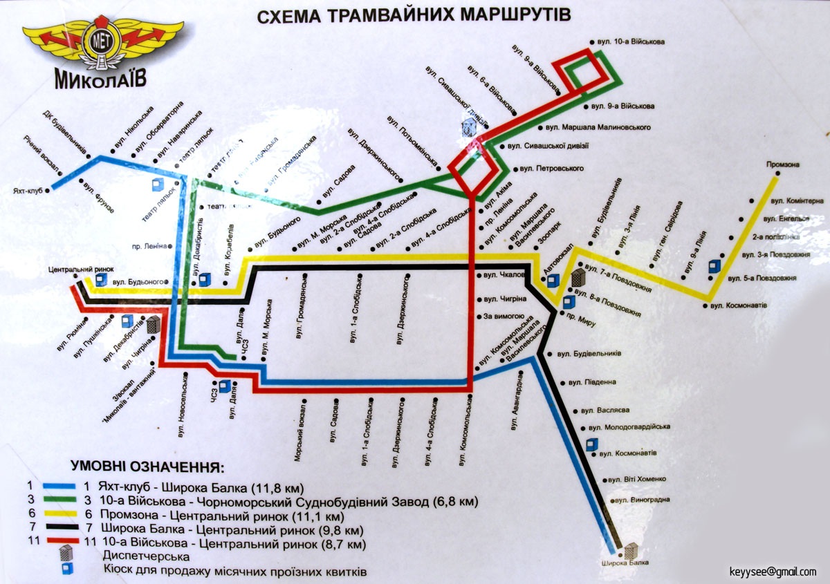 Николаев. Схема трамвайных маршрутов Николаева